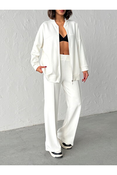 BEJNA Women's Zippered Soft Modal Textured Top and Bottom Set