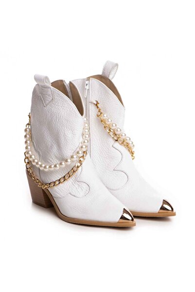 Vanilla Days Camilla Genuine Leather White Ladies Boots with Gold Chain and Pearl Detailing