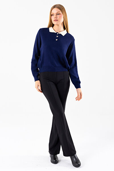 GİYSA Women's Polo Neck Button Detailed Knitwear Sweater Navy Blue - 25K 2546