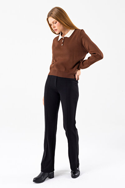 GİYSA Women's Polo Neck Button Detailed Knitwear Sweater Brown - 25K 2546