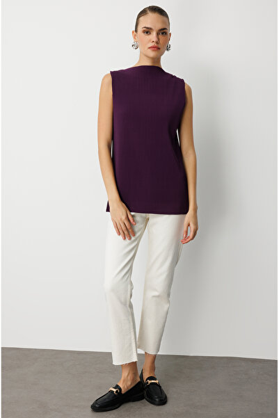 Mizalle Full İnce Pilise Mor Kolsuz Şifon Bluz
