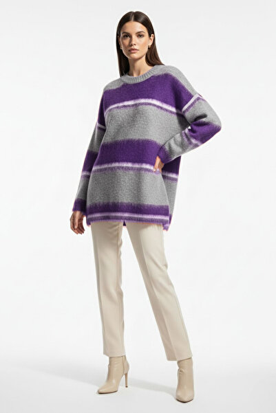 Mizalle Oversize Yumuşak Doklu Gri Mor Çizgili Triko Kazak