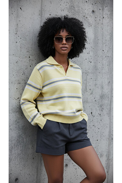 NİLZA Pulover de damă cu guler polo în dungi