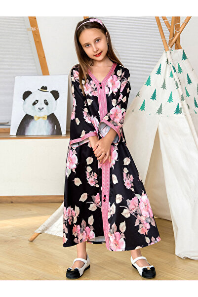 FridayIn Sweet V-neck Flowers Buttons Flared sleeve Kaftan