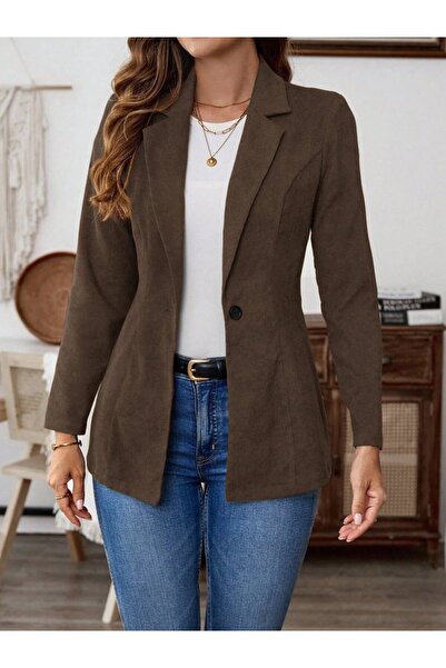 Giyimodam Women's Long Sleeve Collared Single Button Suede Jacket