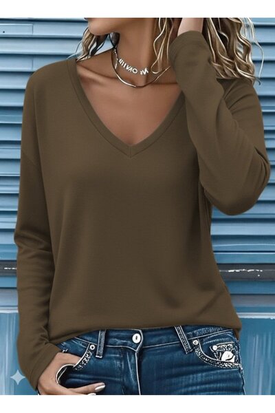 JANES Γυναικεία μακρυμάνικη μπλούζα με λαιμόκοψη V με δύο κλωστές βισκόζης