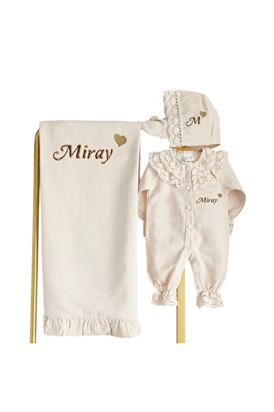 Mis Bebe Minik İnsanların Sarayı Dantelli Müslin Kumaş Kalp Desenli Set | Bej...