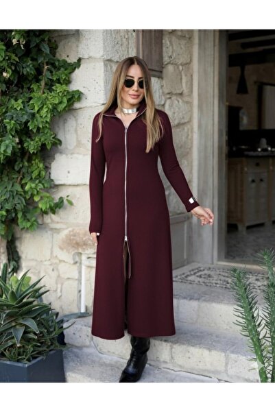 buğrahayalin Women's long sleeve maxi viscose two-thread dress with front zipper