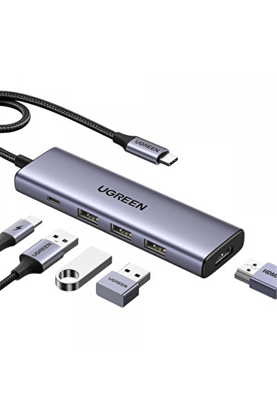 Ugreen Hub USB-C CM511 (15596), 3 x USB-A 3.0 - 1 x USB-C - 1 x HDMI, Gri