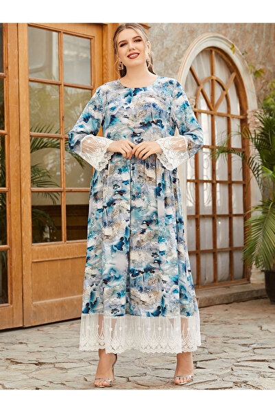 FridayIn Female Sweet Round neck Flowers Basic fitness Plus size dress