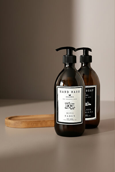 KHAKMA Σετ δοσομετρητή υγρού σαπουνιού και απορρυπαντικού πιάτων Amber Glass 2 τεμαχίων – Μπουκάλι με αντλία και ξύλινη βάση |   500 ml