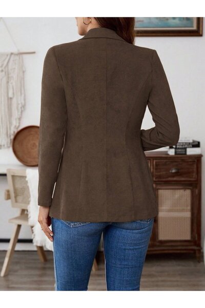 Giyimodam Women's Long Sleeve Collared Single Button Suede Jacket