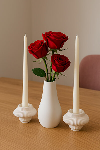 Genel Markalar Dekoratif Vazo & Uzun Mumluk Seti – 3’lü Masa Dekoru