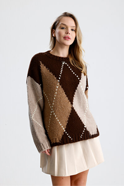 Figo guler rotund Pulover pentru femei cu model Baklava