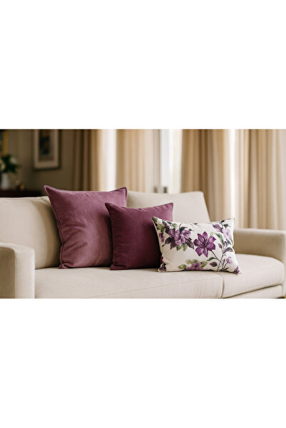 B'Dekor 3'lü Mor & Pembe Kadife ve Çiçek Desenli Kırlent Seti