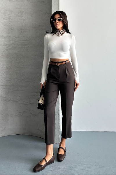 macharel jeans Women's Narrow Leg Pleated Belted Transitional Fabric Trousers Dark Brown