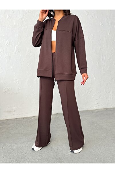 BEJNA Women's Zippered Soft Modal Textured Top and Bottom Set