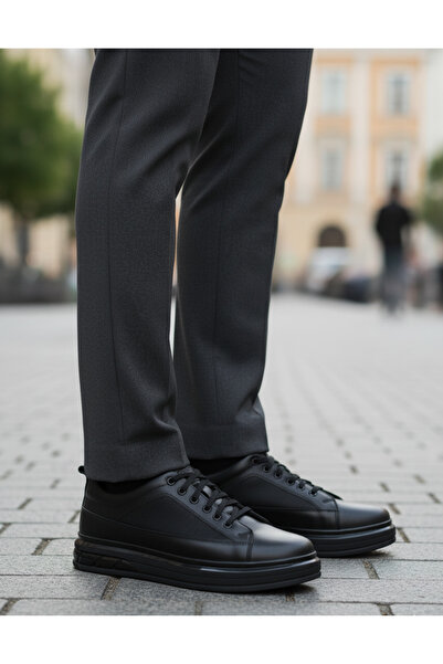 Ata Shoes 450 Black Thermo Balloon Sole Men's Daily Genuine Leather Orthopedic Lace-Up Shoes