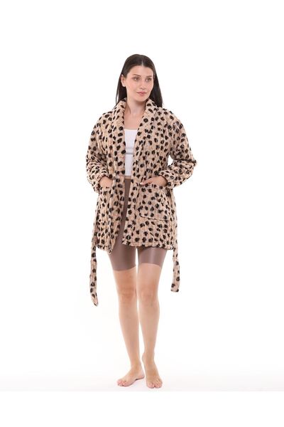MIZUKI Ultra Soft Women's Welsoft Fleece Plush Leopard Pattern Belted Dressing Gown