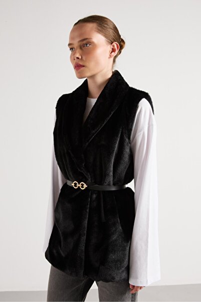 minaaise Women's Black Belted Lined Fur Vest 30094