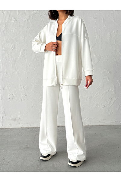 BEJNA Women's Zippered Soft Modal Textured Top and Bottom Set