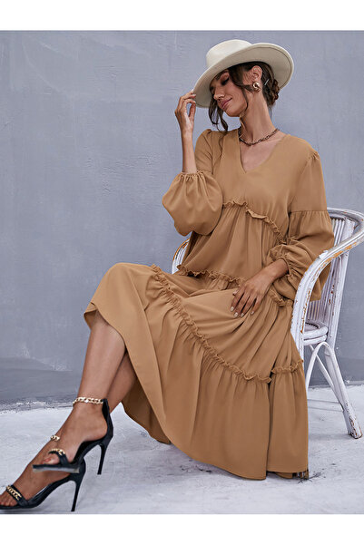 FridayIn Casual V-neck Solid color Ruffle Lantern sleeve Mid Dresses
