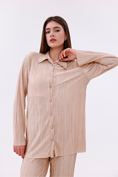 verabelle Women's Pleated Satin Fabric Pantalon Shirt Set