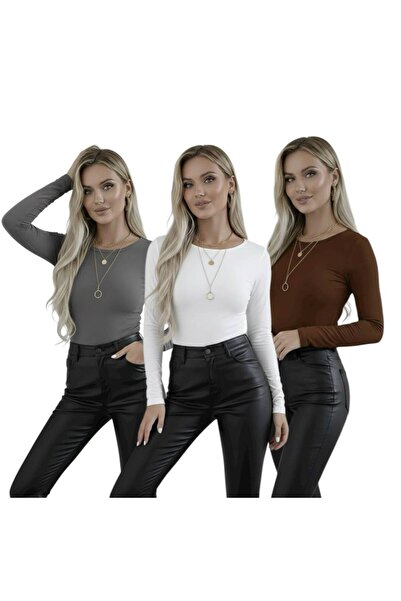 hashtag Kadın Uzun Kollu Bisiklet Yaka Viskon Basic Body – Gri Beyaz Kahverengi Şık Günlük Üst
