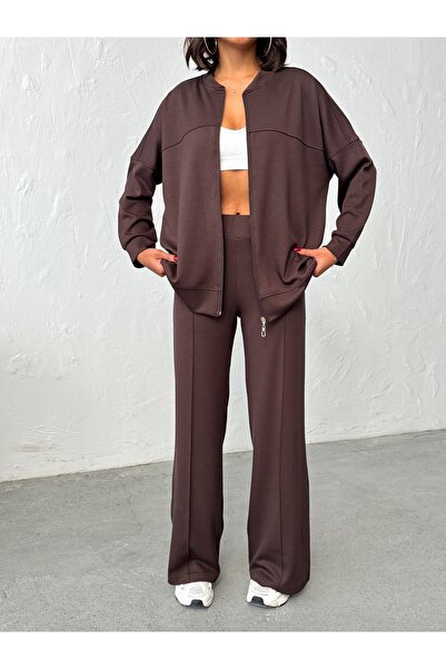 BEJNA Women's Zippered Soft Modal Textured Top and Bottom Set