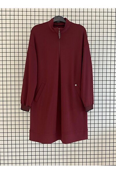 Armine Mock Neck Basic Lycra Tunic with Ribbed Sleeves and Zipper