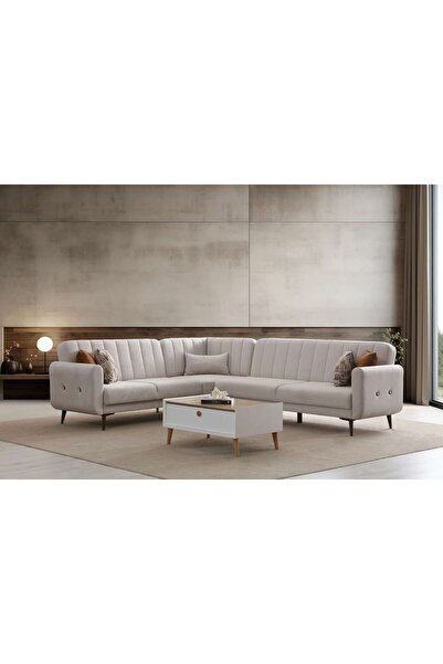 Minar Bona 3 + L Köşe+3'Lü Köşetakımı Bej Valebo-03 Ceviz Ayak