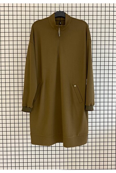 Armine Mock Neck Basic Lycra Tunic with Ribbed Sleeves and Zipper