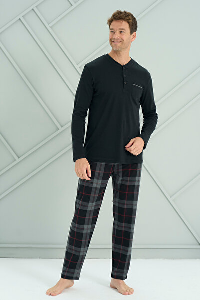 REMSA Set de pijamale cu mânecă lungă Interlock bumbac moale pentru bărbați 2233 Negru