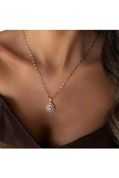 ZERVA QUEEN Gold Steel Necklace with Drop Detail and Stone
