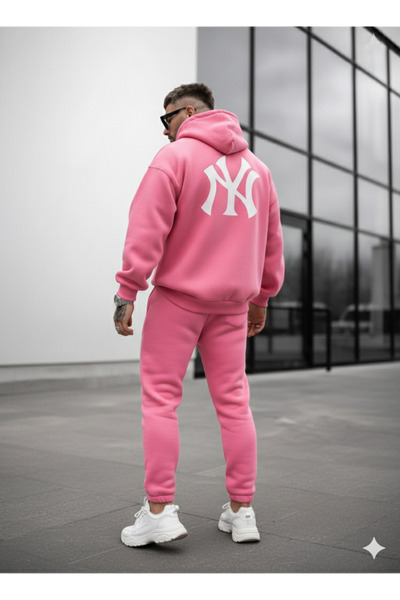 NİCE Men's Front Back Ny Printed Hooded Sweatshirt-Bottom -Top Set