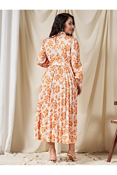 FridayIn Sweet High collar Flowers Pleated Belt Shirt sleeve Mid Dresses