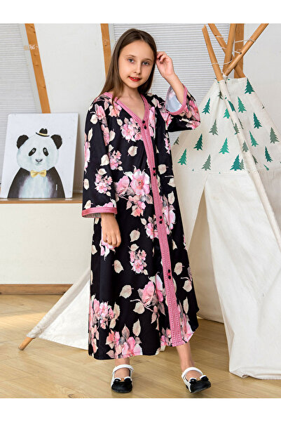 FridayIn Sweet V-neck Flowers Buttons Flared sleeve Kaftan