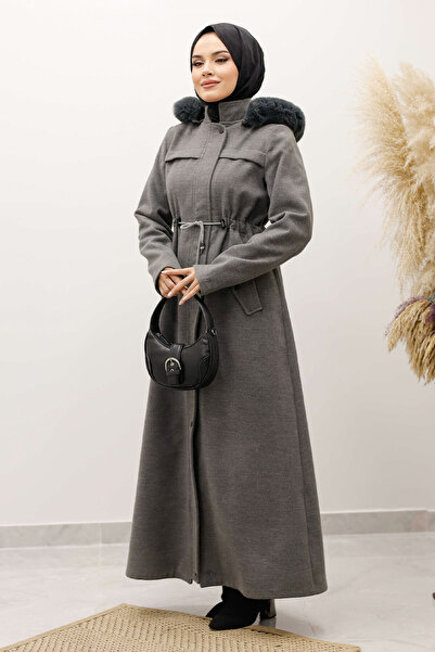 Tesettür Dünyası Drawstring Waist Cashmere Coat Tsd250247 Gray