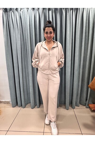 Arzu Yıldırım Butik Krem Rengi İkili Kısa Kapişonlu Eşofman Takımı