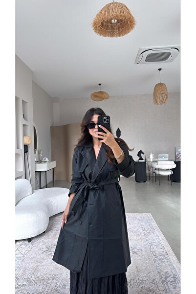 Buket Teke Black Leather Trench Coat