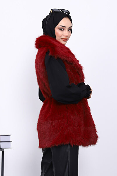 İmajButik Burgundy Lined Belted Fur Vest