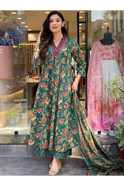 MYSMAR Green Cotton Salwaar Kameez & Dupatta - PMM17205 | Green