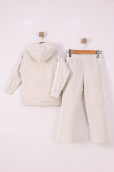 monox Girl's Flower Printed Drawstring Stripe Pants F Corded Fabric Fleece Suit