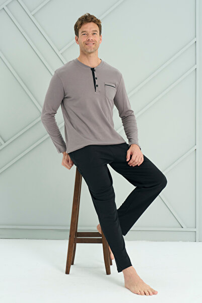REMSA Men's Interlock Combed Cotton Long Sleeve Pajama Set 2205 Gray01