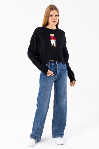 GİYSA Women's Crew Neck Costume Teddy Bear Embroidered Knit Sweater Black - 2344