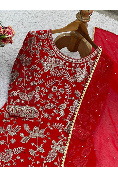 MYSMAR Red Faux Georgette Kurti Sharara Dupatta - HRT5146 | Red