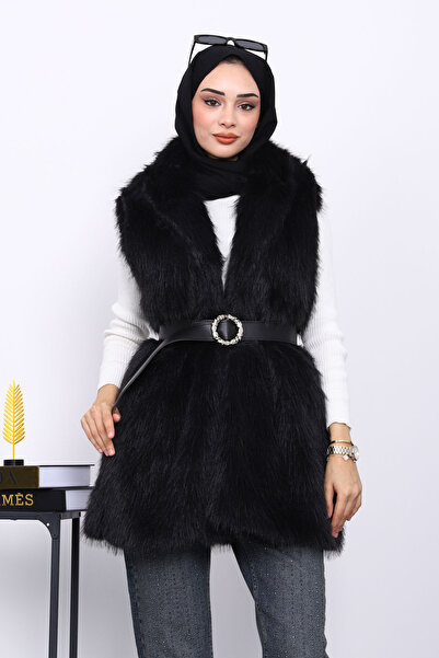 İmajButik Black Fur Vest with Waist Belt and Double Pockets