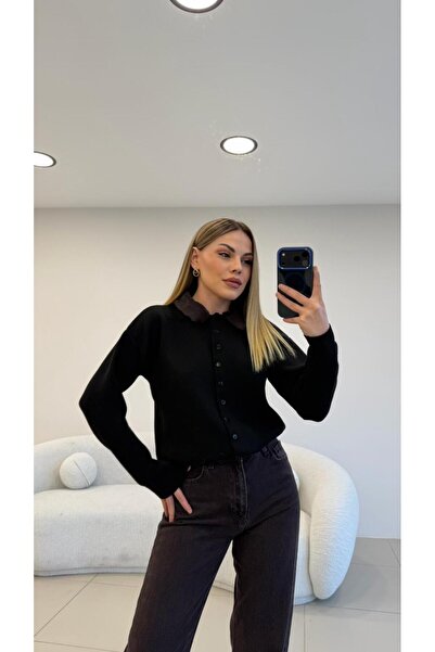 Şulenin Butiği YAKASI KÜRK DETAYLI TRİKO HIRKA SİYAH