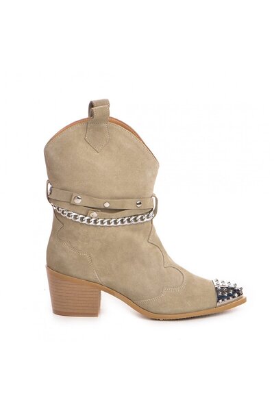 Vanilla Days Odyssey Suede Studded Cream Boots - 5cm Block Heel