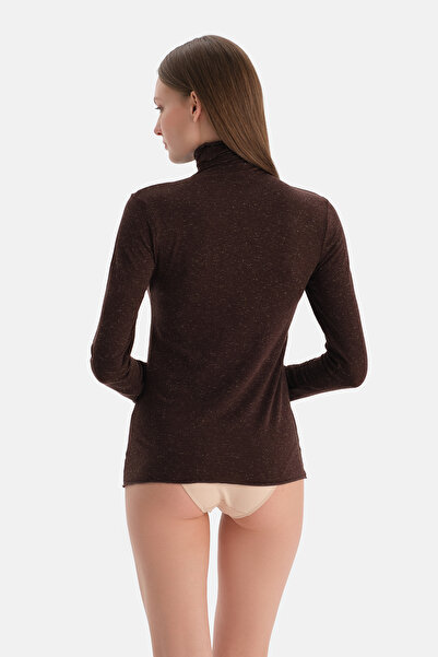Dagi Dark Brown Lurex Modal Cashmere High Neck Long Sleeve Top